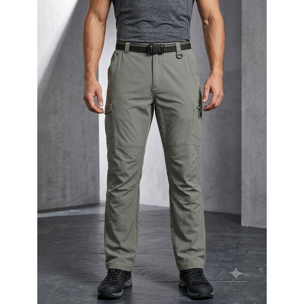 Ksmien Mens Ripstop Hiking Cargo Pants XL Gray Outdoor Utility Zip Pocket Belted